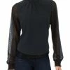 Lea + Viola Womens Smocked Mock Neck Blouse
