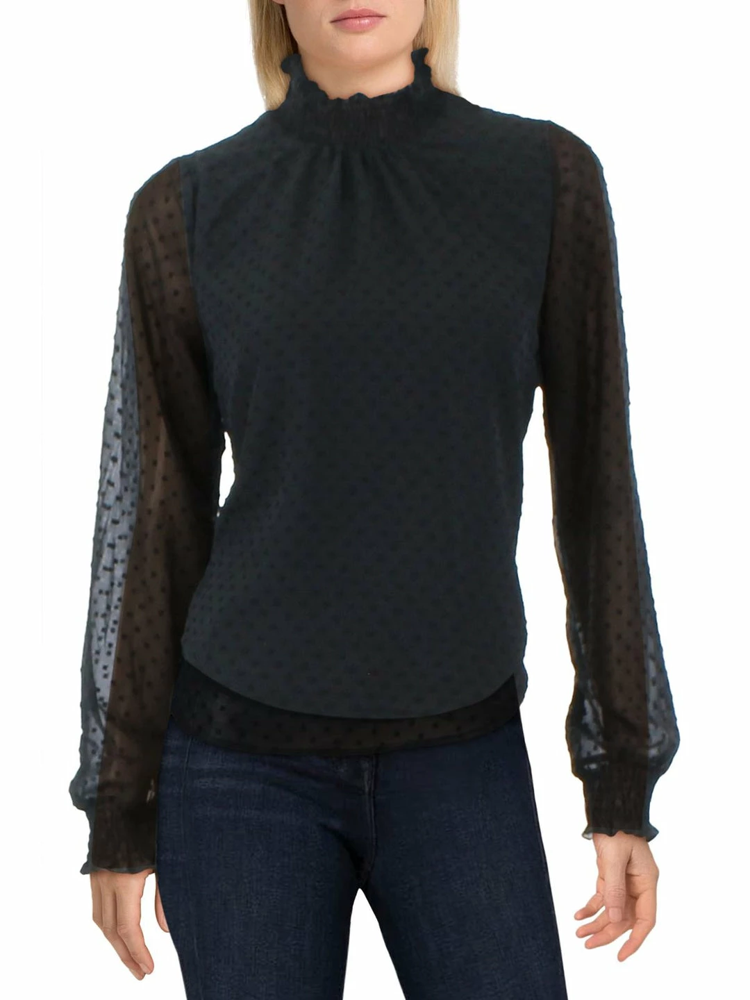 Lea + Viola Womens Smocked Mock Neck Blouse